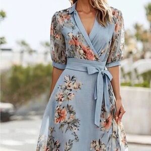 Chic Floral Wrap Midi Dress in Blue